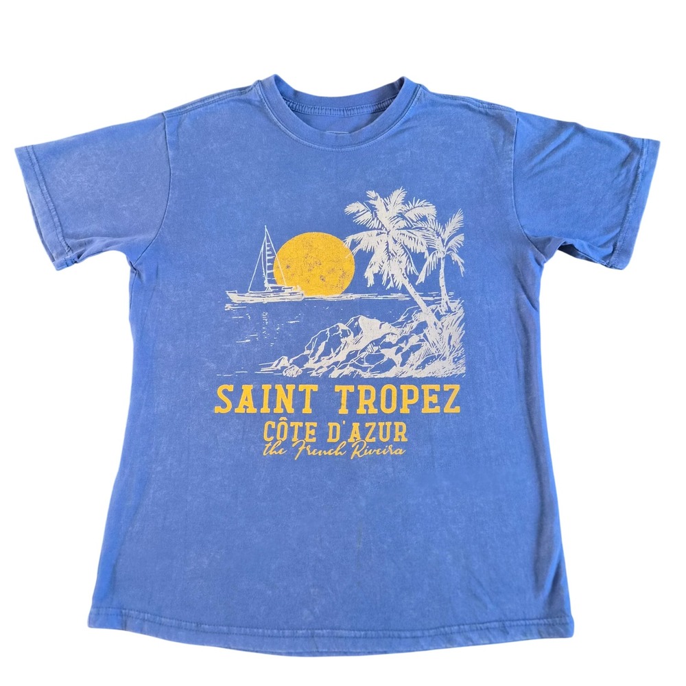 Mighty Fine Saint Tropez Cote d'Azur Graphic T-Shirt Blue Acid Wash XS